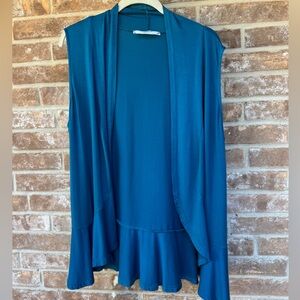 Zeagoo Teal Sleeveless Draped Open Front Cardigan Ruffle Hem Vest, XXL